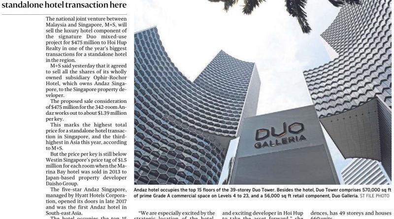 Hoi Hup Realty to buy luxury Andaz hotel at Duo for $475m from M+S