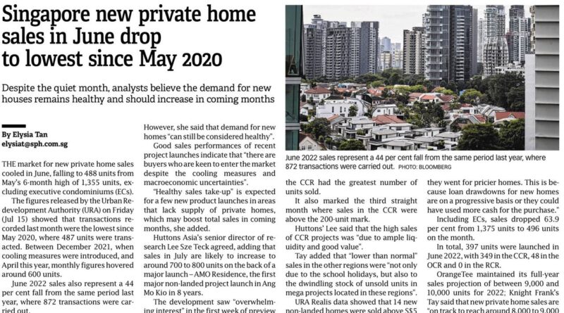 Spore new private home sales in June drop to lowest since May 2020